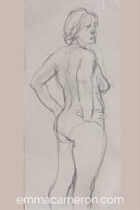 Life drawing of standing woman partially clothed