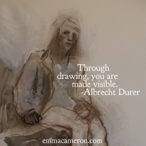 Drawing of girl sitting. Quote from Durer.